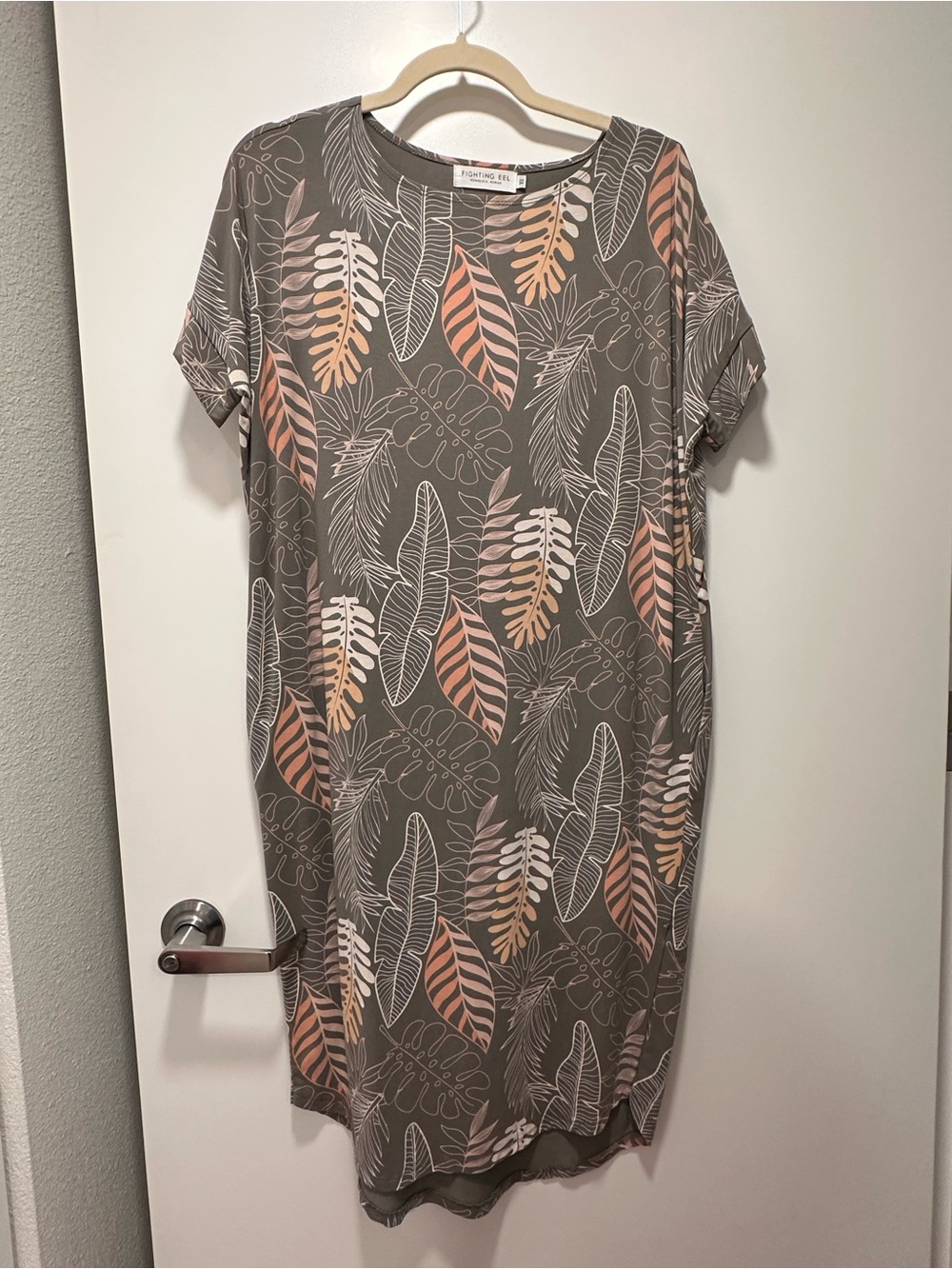 Fighting Eel Taupe Midi Dress with Peach & Cream Leaf Print